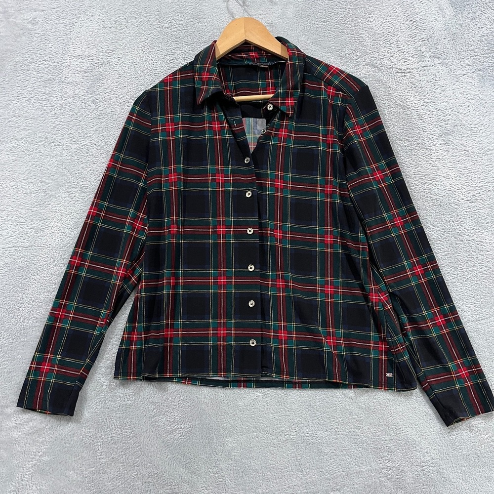 Tommy Hilfiger Shirt Womens Medium Multicolor Stretch Collared Plaid Button Up